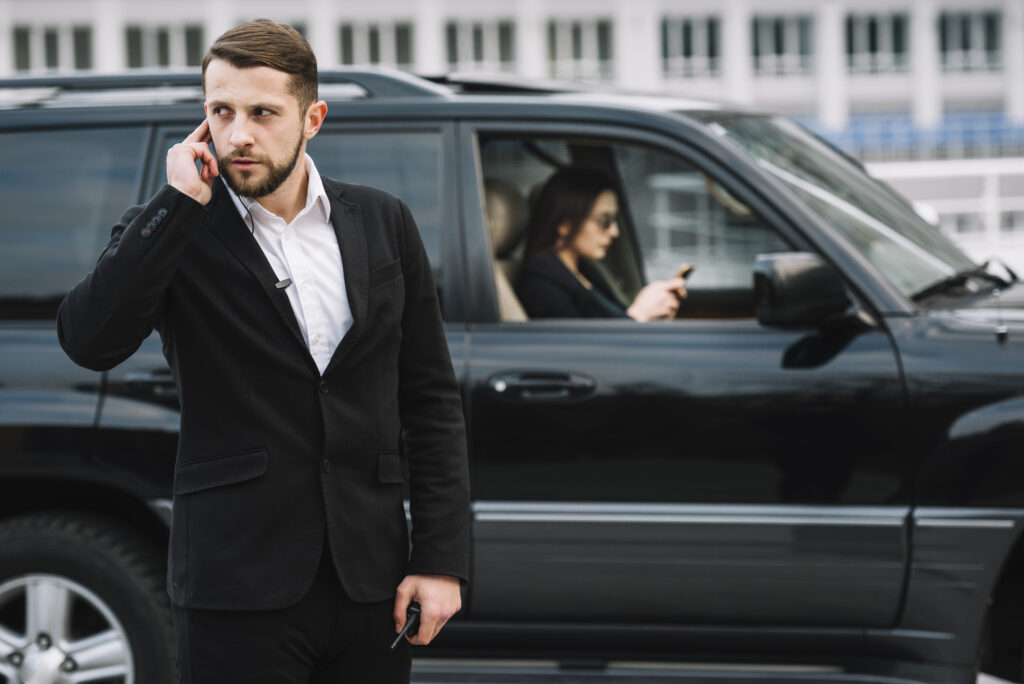 front view security guard working